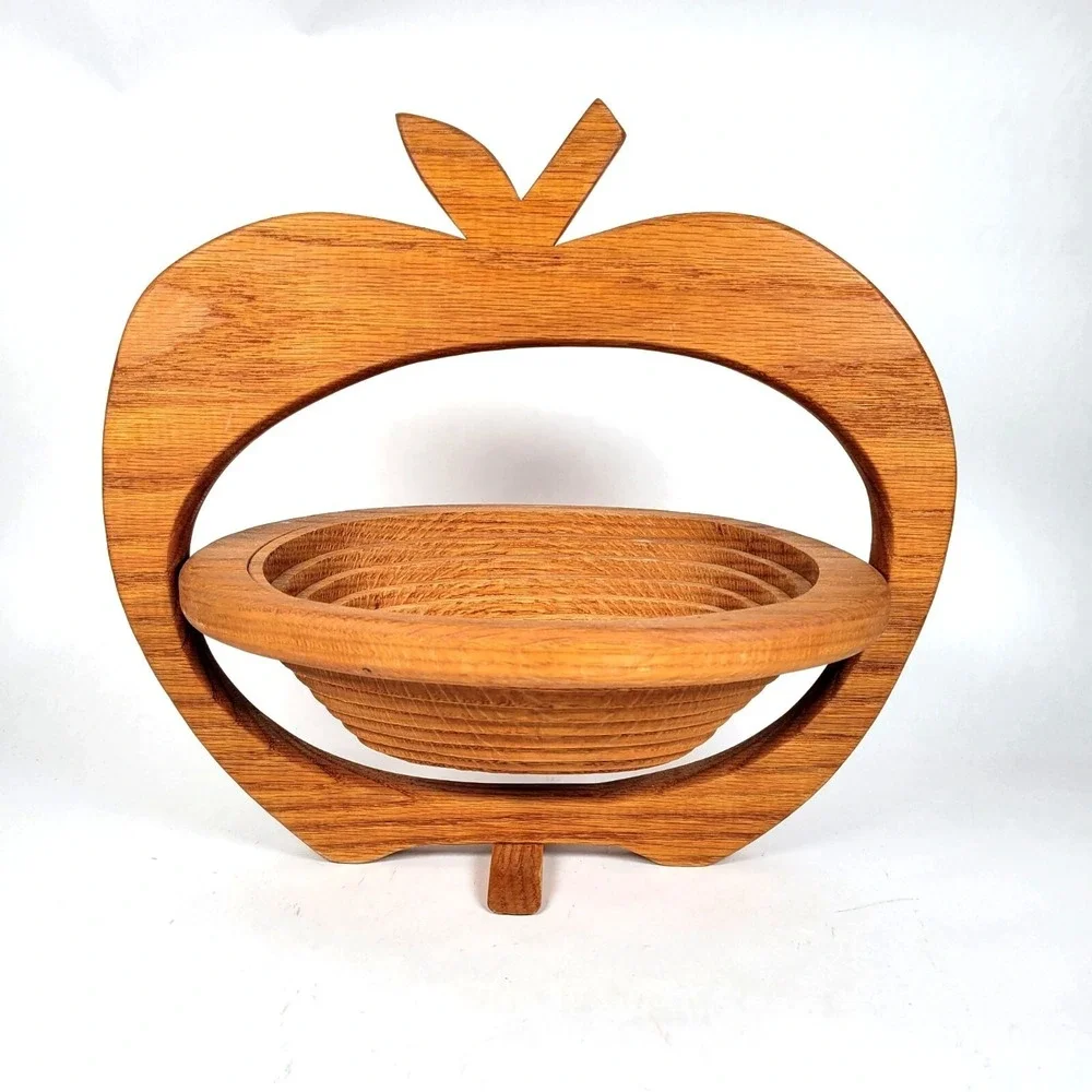 Vtg Wooden Ways Collapsible Apple-Shaped‎ Standing Wooden Basket Bowl Farmhouse